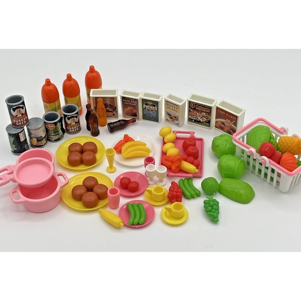 Barbie Size Food‎ Lot 67 Pcs Vintage & Modern Drinks Cans Cereal veg fruit